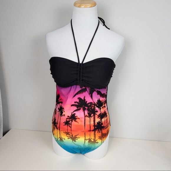 Ocean Pacific OP Womens Size Medium Black Palm Tree Sunset One Piece Swimsuit - Picture 2 of 10
